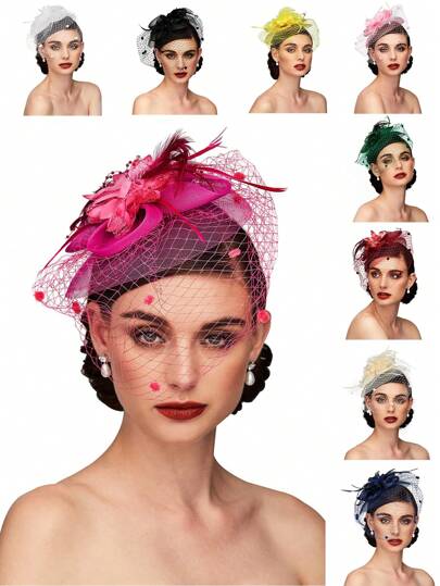 1 件迷人帽子茶会帽网眼花卉羽毛发夹女士迷人头饰头带带面纱适用于婚礼鸡尾酒万圣节