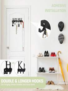 Support mural pour clés, porte-clés en métal noir avec adhésif, 6 crochets à double usage pour clés, décoration pour l'entrée, le couloir, le porche