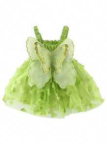 Vestido de moda para niñas pequeñas con mariposas 3D fruncidas, sin mangas, con capas, ropa informal de verano - Verde - Ver 2