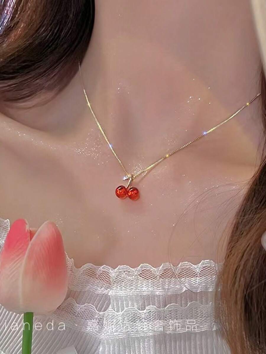 1pc Cherry Pendant Necklace For Women, Delicate Choker Necklace