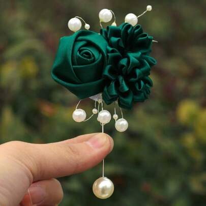 1pc Unisex Elegant Green Tea Flower & Beads Brooch, Suitable For Groom, Bride, Wedding, Formal Occasions, Party, Ceremony Accessory Valentine's Day Accessories
