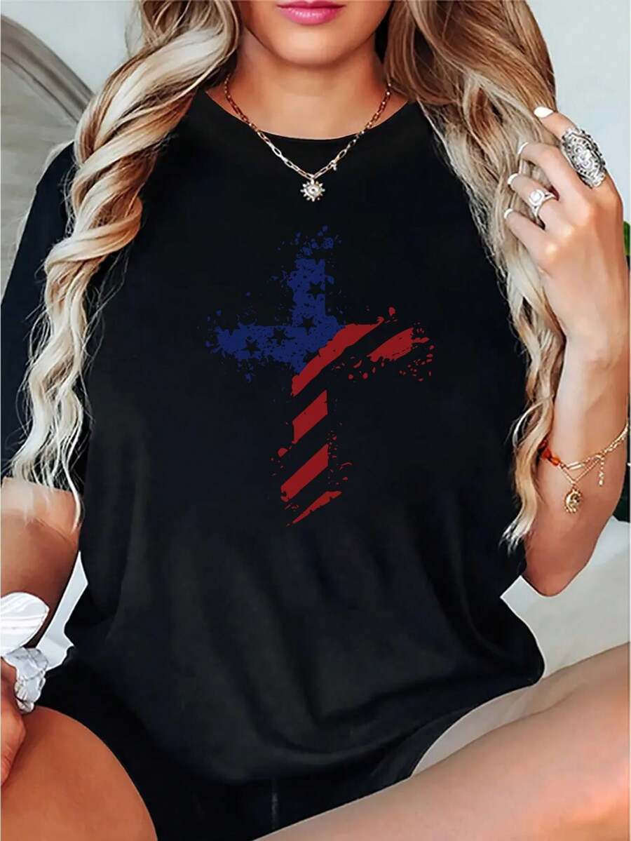 1pc Women's Casual Round Neck Short Sleeve T-Shirt With American Flag Cross Design, Fashionable Geometric Pattern, Knitted Cotton Fabric, Comfortable All-Season Top - Printing T Shirts - 黑色 - 查看 1
