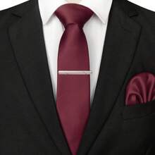 3-Piece Set: 2.36inch(6cm) Narrow Tie, Pocket Square, Tie Clip, Classic Combination, Men's Slim Fit Solid Color Silk Jacquard Tie Set, Suitable As Men's Gift, Suitable For Formal Occasions Such As Parties, Weddings, And Photo Shoots