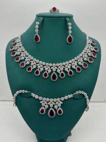 Ensemble De Bijoux Rouges De Luxe, Comprenant Un Collier, Des Boucles D'oreilles, Une Bague Et Un Bracelet, Cadeau Parfait Pour La Saint-valentin Et Un Ensemble De Mariée