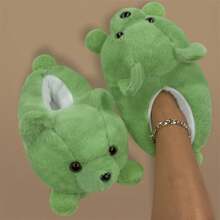 Women's Cozy, Slip-Resistant, Fully Enclosed Cute Green Bear Pattern Indoor Slippers