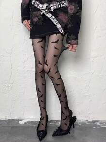 1 Piece Women's Sheer Printed Bow Design Pantyhose, Thin Tights For Spring/Summer