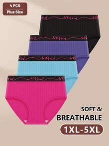 4pcs Women Plus Size Panties, Colorblock & Striped Design, Soft & Breathable - Multicolor - View 4
