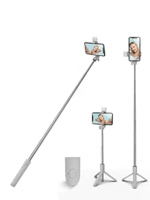 Bastone per selfie Bluetooth con treppiede, luce di riempimento e telecomando per live streaming e fotografia, compatibile con la maggior parte degli smartphone. Luce LED portatile e dimmerabile per videocamere, videoblog, riunioni Zoom, interviste, live streaming, raduni familiari, feste di Natale. Adatto per selfie portatili, attività all'aperto per le vacanze estive, viaggi, attività all'aperto, treppiede per live streaming.