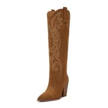 Womens Cowboy Knee High Boots Cowgirl Boots Western Boots With Embroidered Pointed Toe Chunky Heel Slip On Retro Tall Boots