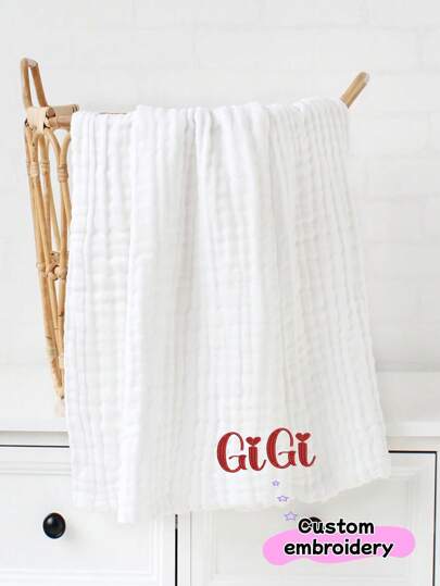 105cm*105cm Customized Embroidered 6-Layer Gauze Car Seat Cover Blanket, Swaddle Wrap, Nap Blanket, Sofa Cover, Muslin Towel, Square Ins Photo Prop Blanket, Stroller Cover Blanket, Customizable Letter, Beach Towel, Children's Bath Towel, Spa Resort Large Wrap Blanket, Outdoor Stroller Cover Blanket