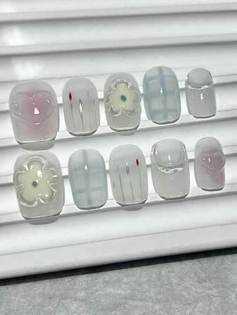 10 件多巴胺手工佩戴指甲卡通可爱腮红美甲可拆卸甜美俏皮短假指甲棺材指甲指甲用品（1 张果冻贴纸+1 个指甲锉）按压指甲