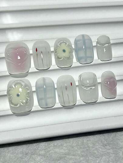 10 件多巴胺手工佩戴指甲卡通可爱腮红美甲可拆卸甜美俏皮短假指甲棺材指甲指甲用品（1 张果冻贴纸+1 个指甲锉）按压指甲