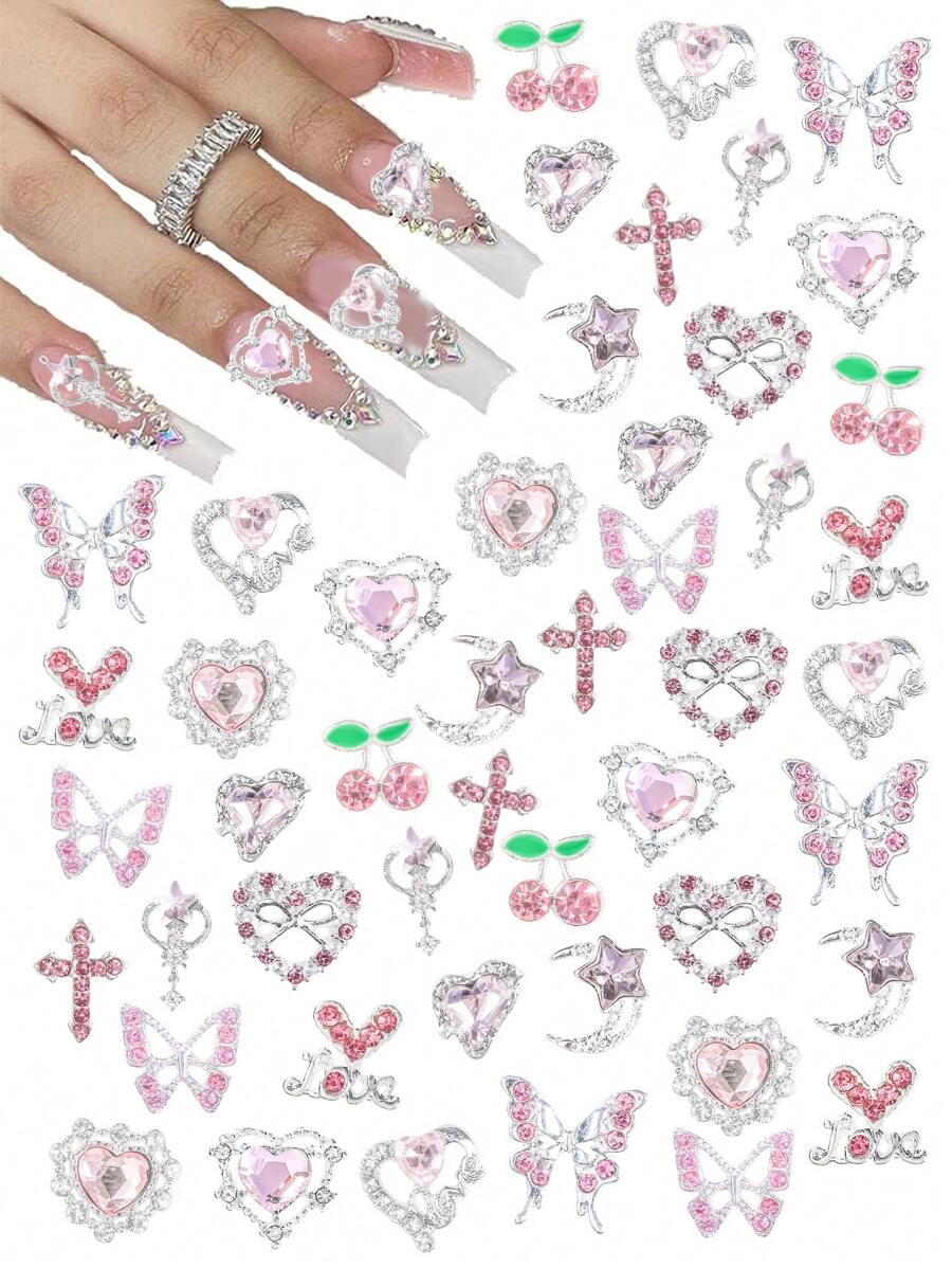 24Pcs Y2K Alloy Nail Art Rhinestone Decorations, 3D Heart Star Bow Cherry Nail Gems Shiny Jewelry Nail Art Accessories Nail Supplies Nails Nail Charms