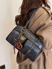 Women's Retro Solid Color PU Leather Shoulder Bag, Multi-Pocket Large Capacity, Comes With Detachable Pendant - Black - View 3