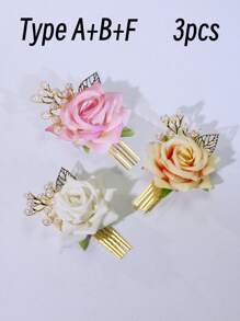 1/2/3 件玫瑰珍珠串珠叶子装饰发夹、发饰、婚礼、新娘发型、侧梳、学校用品