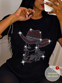 Camiseta gráfica de vaquera estilo occidental para mujer DEAR MOLLY, de cuello redondo y manga corta, con vibra festiva, adecuada para fiestas de primavera/verano, ropa de estilo occidental - Negro - Ver 5