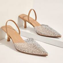 女士优雅柔软凉鞋透明鞋面花卉装饰露跟高跟鞋纯色假日夏季女士水钻高跟鞋卡其色