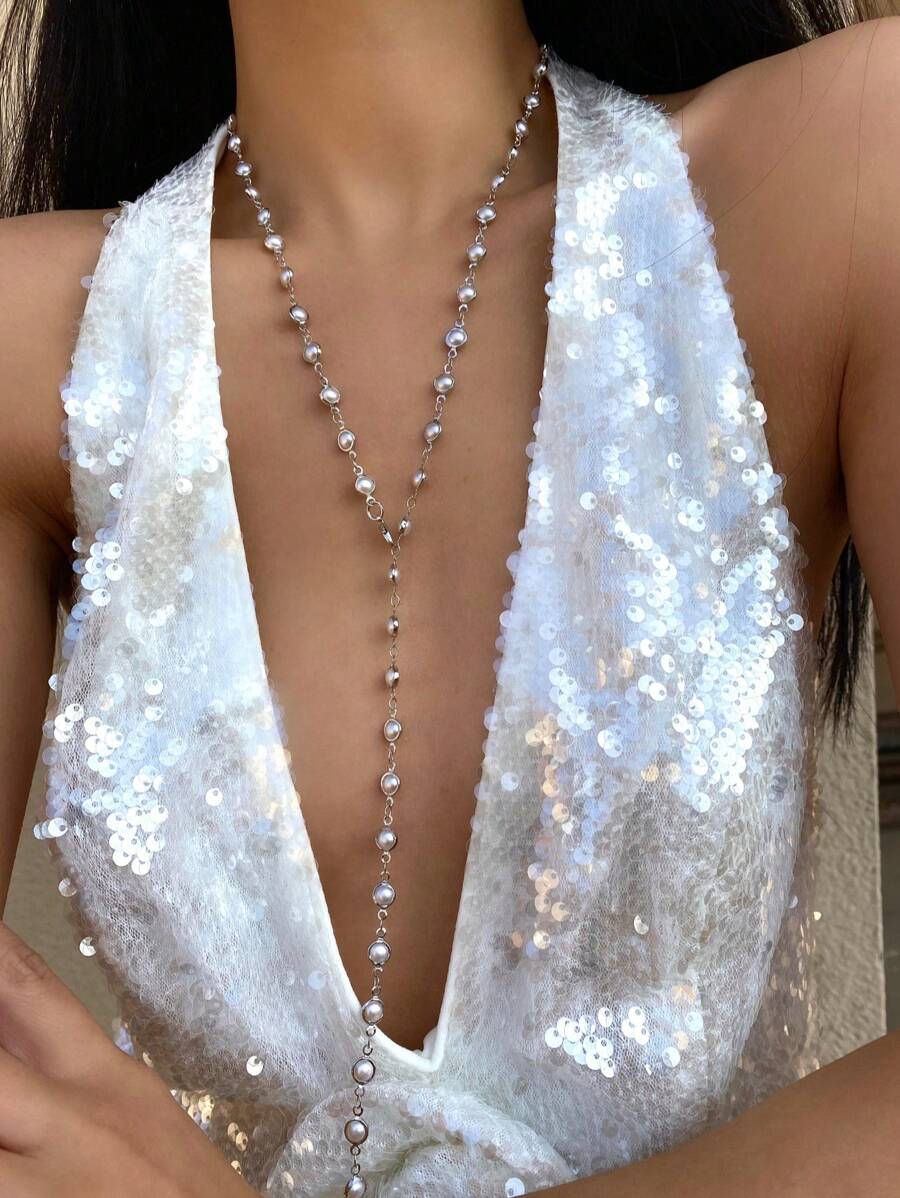 1pc Sexy Gold/Silver Y-Shaped Chain Necklace, Bling Bling Pendant Accessory For Daily Wear, Date, Party, Holiday, Vacation, Decor, Anniversary, Birthday Gift, Boho Elegant Minimalist Fashion Cute - Silver Pearl - View 1