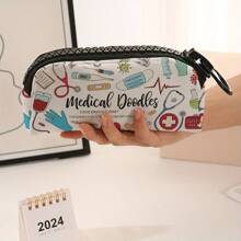 1pc Large Medical Supplies Print Pencil Case With Zipper - Durable Polyester, High Capacity For Pens & School Supplies, Stylish "Medical Doodles" Design With Stethoscope & Rx Symbols, Black Textured Grip, Perfect For Students & Professionals, Zipper Pencil Holder | Playful Design | Textured Grip Handle, Pencil Pouch