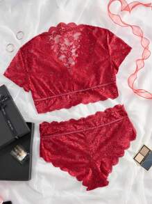 Plus Size High Waist Lace Wave Trim Sexy Lingerie Set - Burgundy - View 8