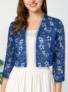 Yukiwi Women's Floral Print Sheer Open Front Lace Jacket,Vacation Daily Clothes - Royal Blue - View 3