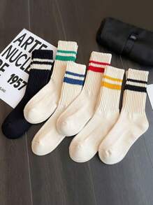 1/3/5/6 Pares de calcetines informales y versátiles de mujer con doble barra de colores