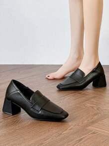 Women's Retro Simple Chunky Heel Flat Shoes, Comfortable Loafers 2025 New Black High Heels - Black - View 2