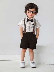 BOARNSEORL 2pcs Young Boys Gentleman Outfit - Short Sleeve Shirt With Bow Tie And Black Suspender Shorts, Fashionable And Stylish For Birthday Party, 1st Birthday, Wedding, Banquet - Black - View 7