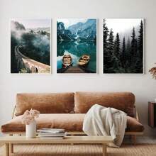 3pcs Lake Boat Misty Forest Lake Boat Nature Landscape Picture Poster, Nordic Canvas Print Painting, Living Room Decoration, No Frame Gifts Birthday Graduation