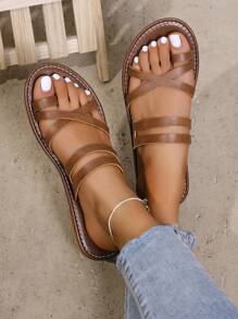 Women's Criss-Cross Strap Flat Sandals, Casual Thong Flip Flops, Simple Thin Strap Beach Shoes