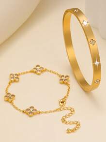 Luxury Shiny 4-Leaf Clover Zirconia Stainless Steel Bracelet & Bangle Set For Women, Elegant Accessory For Multiple Occasions And Gift Idea For Friends