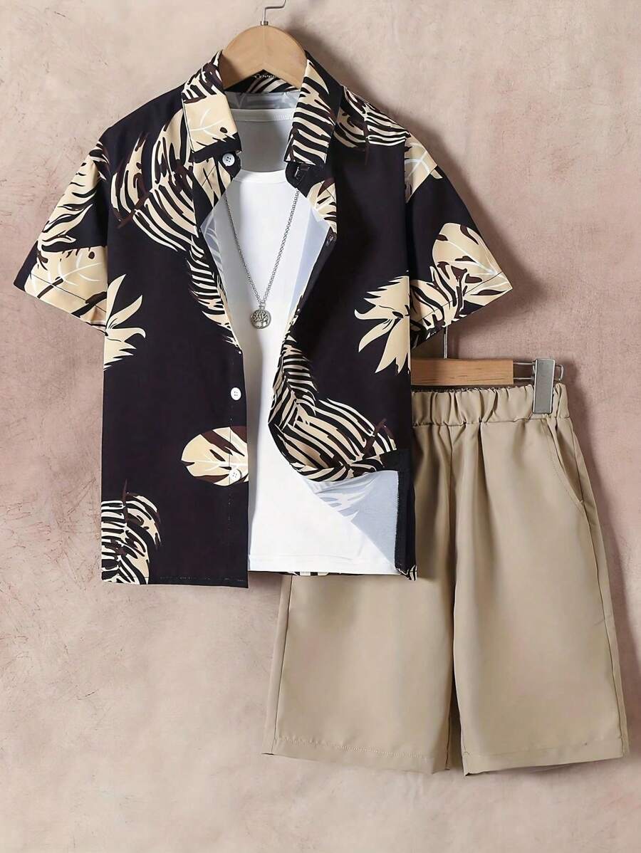 Teen Boy Casual Tropical Leaf Print Woven Shirt Set