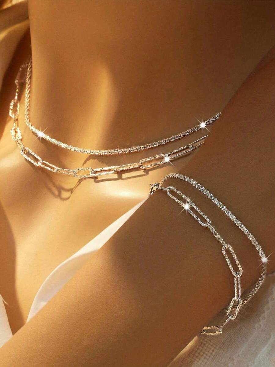 4pcs Shiny Starry Minimalist Fashion Necklaces & Bracelets, Versatile For Party, Gathering And Casual - Silver - View 1