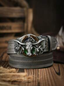 1pc Western Cowboy Style Bull Head Buckle Leather Belt, Fashion PU Material Unisex Retro Belts, 4 Colors Available - Ox - View 5