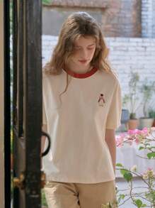 Simple Retro Women's Summer Round - Neck Color - Blocked Short - Sleeve T - Shirt With Penguin Embroidery - White - View 4