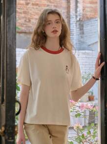Simple Retro Women's Summer Round - Neck Color - Blocked Short - Sleeve T - Shirt With Penguin Embroidery - White - View 5