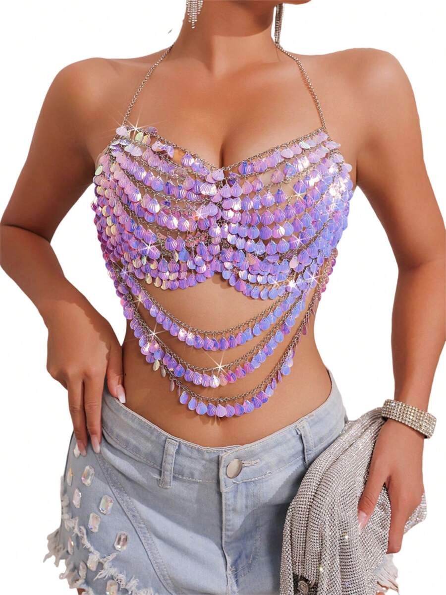 Women's Chain Halter Tank Tops Sleeveless Sparly Shell Shape Sequin Cami Lingerie - Màu tím - Xem 1