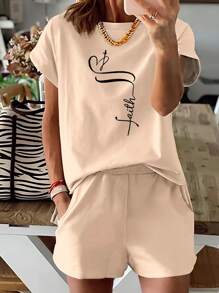 2pcs/Set Elegant Casual Print Round Neck Short Sleeve Shorts Set - Khaki - View 1