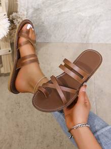 Women's Criss-Cross Strap Flat Sandals, Casual Thong Flip Flops, Simple Thin Strap Beach Shoes