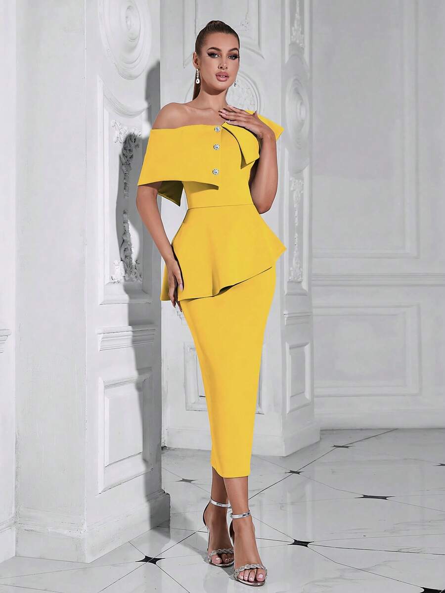 女士绷带紧身性感纽扣层叠连衣裙，派对礼服，婚礼宾客礼服，鸡尾酒会礼服 - 黃色 - 查看 1