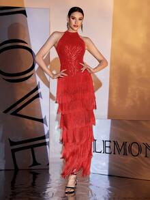 LOVE&LEMONADE Layered Fringe Trim Sequin Dress - Red - View 4