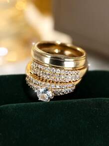 3 件优雅叠戴戒指，镶满闪亮锆石订婚/结婚戒指，晚会装饰礼物，送给爱人