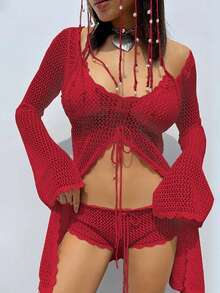 Simple Casual Beach Cover Up, Long Sleeve - Burgundy - View 3