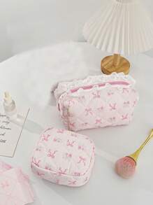 1Pc Pink Bow Knot And Floral Pattern Quilted Multifunctional Cosmetic Organizer Handbag Bath Shower Wallet Pouch Portable Cosmetics Brush Storage Clutch With Zipper Closure For Lipstick, Brush, Skincare, Mobile Phone, Coin, Small Items, For Home, Travel, Vacation And School Use,Makeup Bag Makeup Travel Essentials Travel Accessories Travel Must Haves