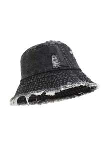 1 pieza Sombrero tipo cubo vintage lavado con borde deshilachado y estilo coreano lindo para mujer, protección solar, moda minimalista para pareja/campus/estudiante, apto para primavera, verano, otoño, uso diario y al aire libre