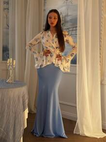 Ladies Summer Fashion Printed Shirt Top Half-Body Skirt Two Pieces Set