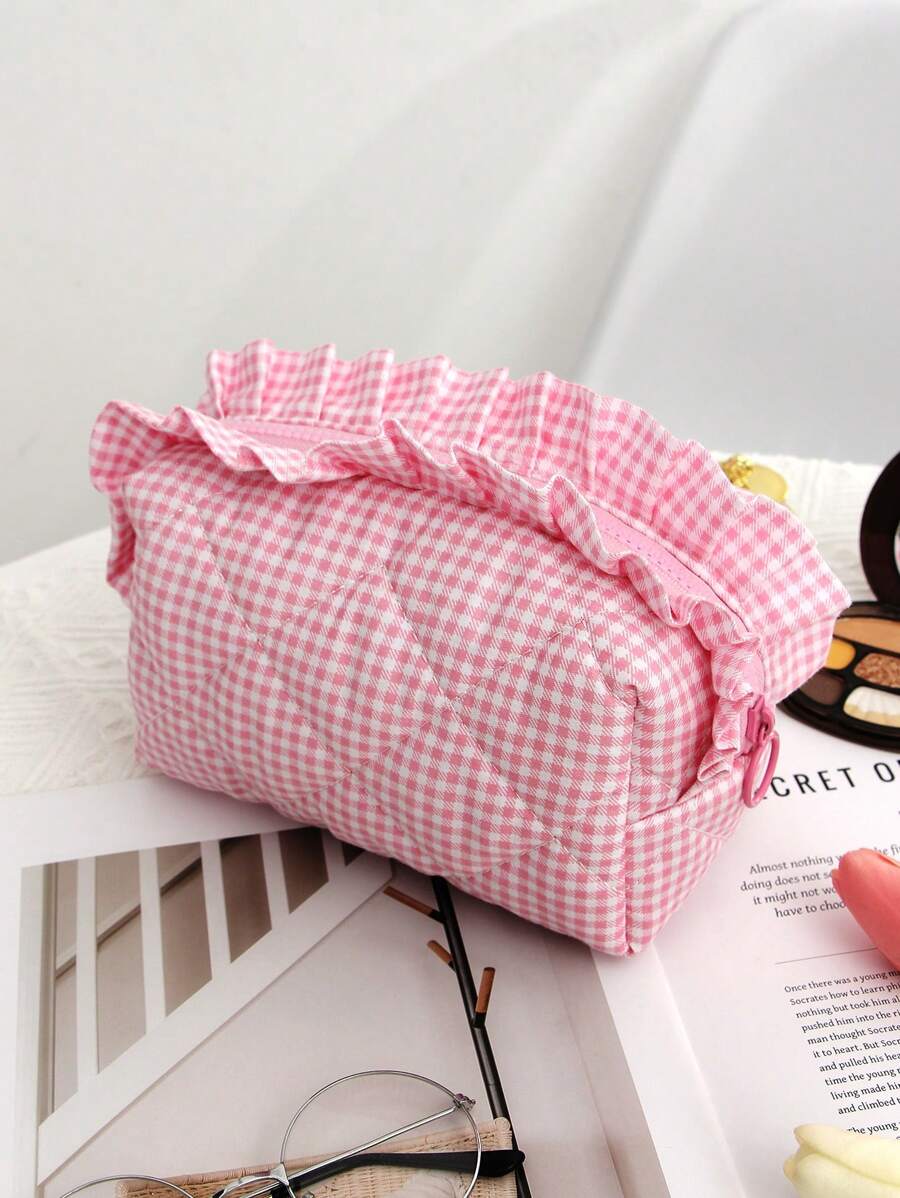 1 Stück rosa gesteppte Kosmetiktasche, karierte Schminktasche, Kulturbeutel, minimalistischer multifunktionaler Kosmetikbeutel, modischer lässiger Kosmetikbeutel mit großer Kapazität und Reißverschluss, unverzichtbar für Reisen & Urlaub - Pink - Übersicht 1