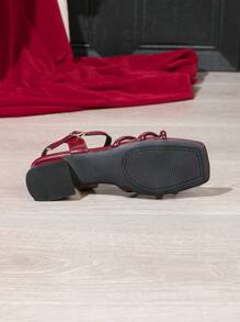 New Style Elegant Wine Red Open Toe Thick Slide Burgundy Heel Sandals