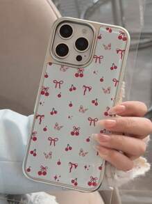 1 szt. galwanizowane żywiczne etui na telefon z kokardą wiśniową, koreański styl, kompatybilne z 'em, kompatybilne z serią 16/15/14/13, minimalistyczny design