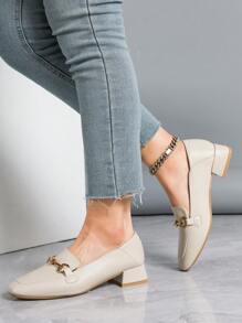 Zapatos casuales versátiles de trabajo de tacón grueso color albaricoque para mujer, mocasines de punta cuadrada
